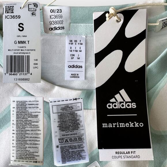 Adidas X Marimekko Allover Print Cotton Tee, Girl Size S/ 9-10, Creme/ Green - Picture 7 of 8